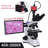Professional Lab Biological HD Trinocular Microscope Zoom 2500X 2/16MP Electronic Digital Camera USB HDMI VAG + 10-inch LCD