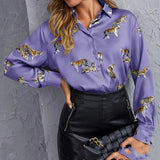 Printed Long Temperament Commute Purple White Green Long-sleeved Lapel Single Breasted Pullover Shirt