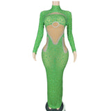 Elegant socialite luxury new sleeved tight fitting full hot stamping diamond perspective mesh stage long skirt