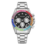 PINTIME Business Men's Watch Iced Out Diamond Stainless Steel Strap Luxury Color Quartz Wristwatch Waterproof Relogios Masculino