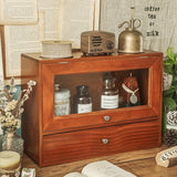 Retro Desktop Dresser Cosmetic Rack Dust-Proof Flip Antique Cabinet Tea Set Wooden Box Storage Closet