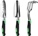 Garden Tool Set 3 Pack Aluminum Heavy Duty Gardening Kit Includes Hand Trowel Transplant Trowel and Cultivator Hand Rake with Soft Rubberized Non-Slip Ergonomic Handle Garden Gifts