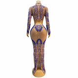 Crystal sparkling sleeved two-piece set, waist revealing women's long dress, sexy fishtail wrapped buttocks