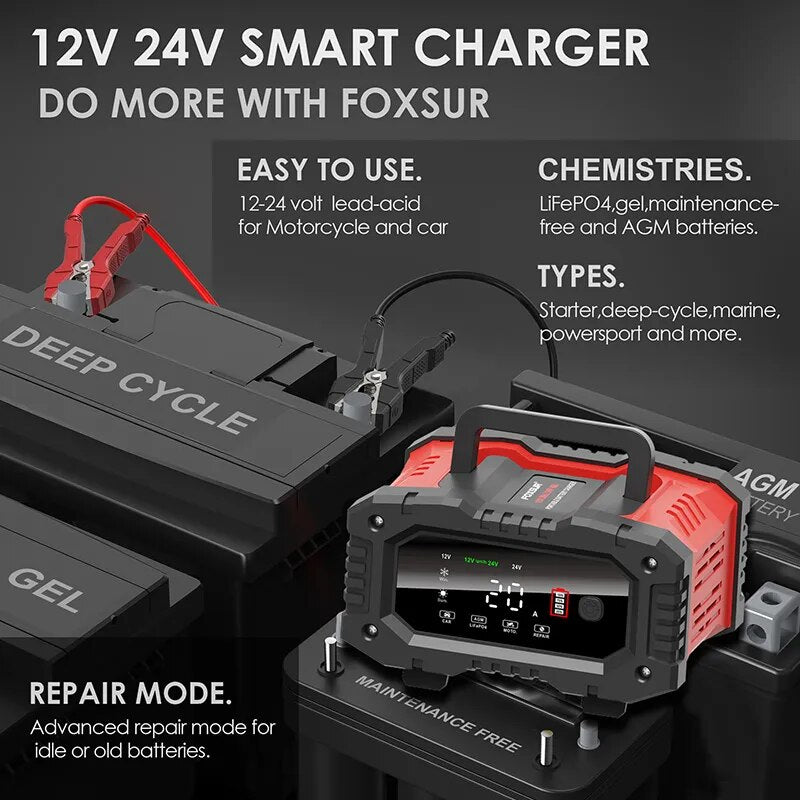 20A/10A Car Motorcycle 12V/24V Smart Charger Lithium AGM GEL Lead-Acid LiFePO4 Battery Chargers