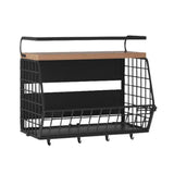 Magnetic Shelf for Fridge with Wood Lid Spice Rack for Refrigerator Fruit Basket with 4 Hooks for Kitchen Organization