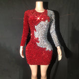 2024 New Temperament Red Fine Shining Patch Color Design Sense Wrapped Hip Short Skirt Banquet Dress