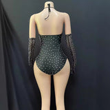 Hanging neck, suspender, spicy girl, black high-end stage show, tight fitting, slimming, full diamond lens design, gloves, nightclub dress