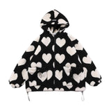 (M Black) Women Faux Fur Hoodies for Jacket Heart Full Print Oversized Loose Zip Up Plush  M Black