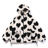 (XXL off white) Women Winter Faux Fur Long Sleeve Hoodies for Jacket Harajuku Love Heart Full Print Zip Up Plush Coat Hip Hop Oversized Loose Sweatshirt Parkas with