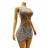 New Shiny Mesh Skin Tone Perspective Round Neck Sleeveless Elegant Knee and Hip Wrap Short Dress