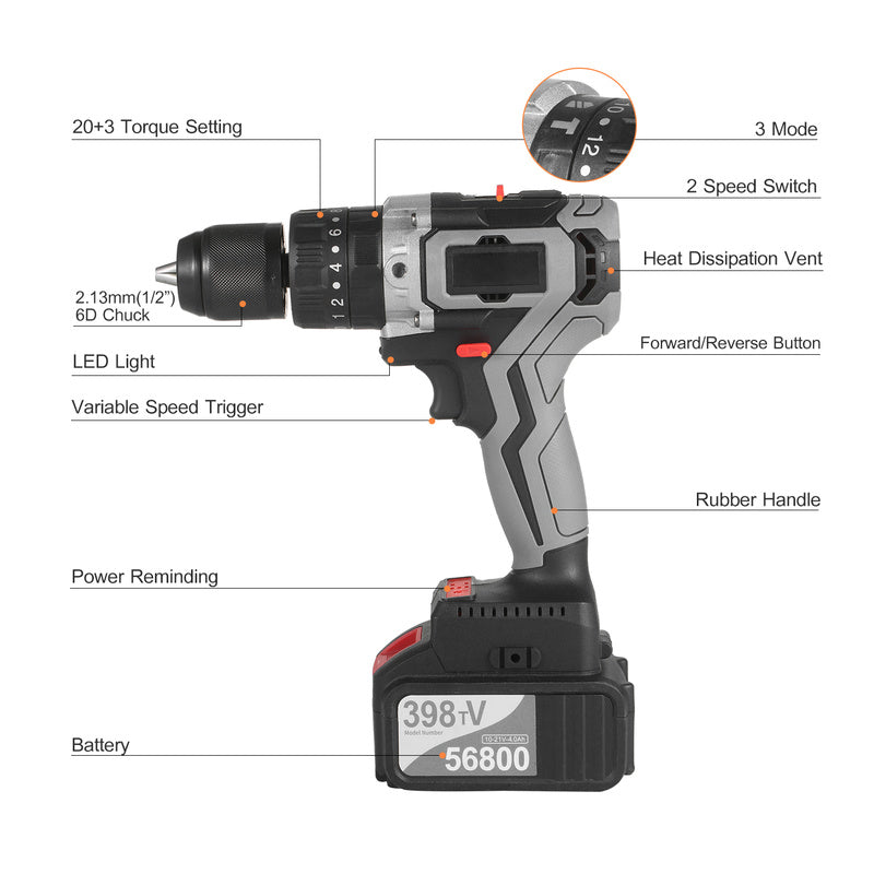 21V Brushless Impact Hammer 200Nm Cordless 6000mAh Battery Mini Electric Screwdriver Drill