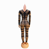 2024 autumn new contrasting color patchwork mesh perspective small V-neck zipper slim fit long sleeved diamond inlaid jumpsuit
