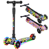 Foldable Light-Up Wheels 3 Wheel Adjustable Height Kids Push Scooter Non-Slip Deck for Children Ages 2-10