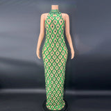 Sexy Shiny Water Diamond Silver Large Women's Evening Hanging Neck Fish Tail Long Dress Sleeveless