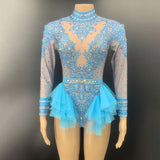 Sexy neck hanging short skirt with multiple colors, long sleeves, waist closing, slim fit design, full of rhinestone jumpsuit feeling