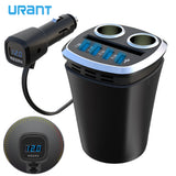 URANT Car Charger Multifunctional Cup Phone Holder Cigarette Lighter Sockets with 4 USB Ports Voltage Display Power Adapter