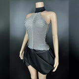 Host's Elegant with Waist Wrapped and Neck Hanging to Show Slim Chain Sexy Short Dress