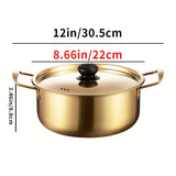 1pc Cooking Pot With Lid, Korean Noodle Cooker, Soup Cooker, Stainless Steel Thickened Ramen Cooker, Golden Small Hot Pot