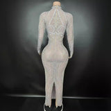 Sparkling Diamond Pearl Design Sensory Pattern Sexy Perspective Skirt Style Long sleeved Singer Stage Dress