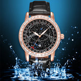 PINTIME Top Brand Watch Men's Black Leather Strap Starry Sky Dial Moon Pointer Fashion Quartz Wristwatch Casuals Luminous Reloj