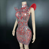 Fashionable standing shoulder sleeves, temperament, personality, ultra short skirt, lens pattern design, sense of direct sales