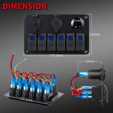 Waterproof Car Rocker Panel 6 Gang Toggle Switch 12 Volt Blue LED Lights USB Cigarette Lighter Socket Voltmeter