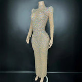 Water Diamond Super Sparkling Temperament Standing Shoulder Luxury Celebrity Wrapped Hip Sexy Banquet Party Evening Dress