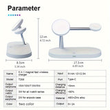 Magnetic wireless 5-in-1 fast charging support with LED night light and USB power mode