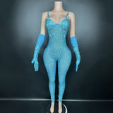 Jumpsuit coswear slim fit yoga exercise pants jumpsuit full diamond temperament tight fitting suit long sleeves