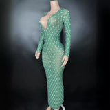 Temperament Female Singer Stage Dress Green Grid Deep V-Neck Sexy Wrapped Hip Tight Long Sleeves