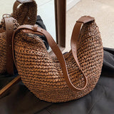 Women Straw Woven Half Moon Weaving Shoulder Bag Large Capacity Tote Clutch Bags Zipper Closure for Outdoor Travel