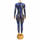 New Fashion jumpsuit with long sleeves, sexy print, perspective hollowed out stage hosting and performance dress