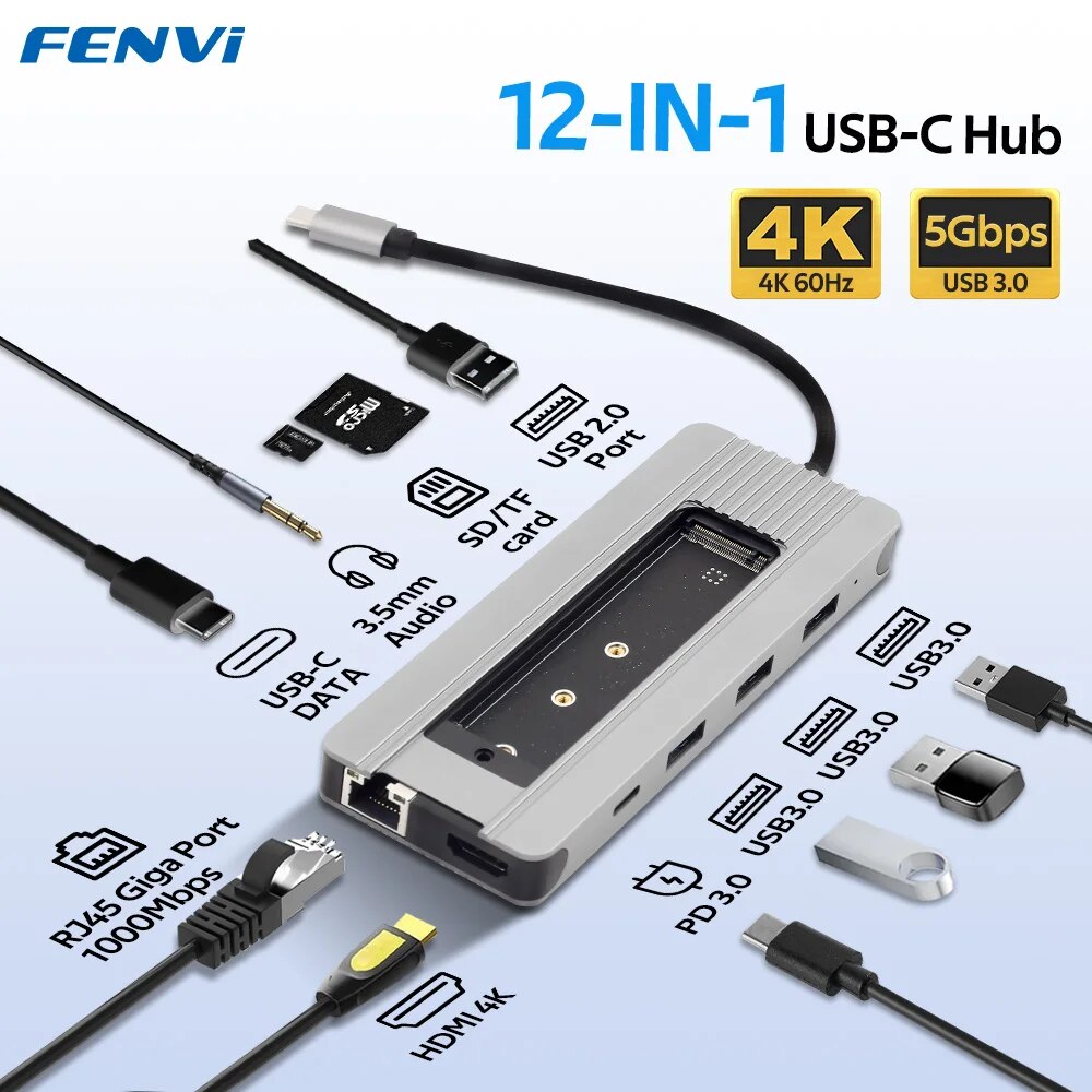 FENVI 12 in 1 Type-C Hub Docking Station M.2 SSD Enclosure Function SD TF Card PD 100W with HDMI 4K 1000M Ethernet For iPad