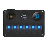 Waterproof Car Rocker Panel 6 Gang Toggle Switch 12 Volt Blue LED Lights USB Cigarette Lighter Socket Voltmeter