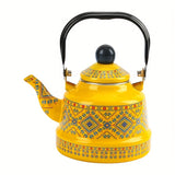 1pc 1.1L Enamel Hot Water Kettle Household Enamel Geometric Print Memory Flower Target Ancient Clock Kettle
