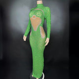Elegant socialite luxury new sleeved tight fitting full hot stamping diamond perspective mesh stage long skirt