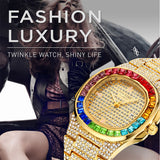 PINTIME Men's Watches Fashion Quartz Wristwatch Luxury Bling Iced Out Colored Diamond Case Stainless Steel Strap Waterproof 3ATM