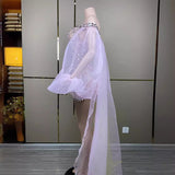 New Personalized Style Transparent Colorful Mesh Flare Sleeves Skirt hem Water Diamond Sexy Tight Gift Dress