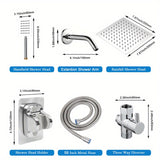 1Set High Pressure 20.32cm Rain Shower Head With Two-in-One Handhead Shower, Equipped 149.86cm Extra Long Hose, 3-Way Diverter, Adhesive Shower Head Holder, Extention Shower Arm, Square Shower Head Set (Short And Extended Styles)