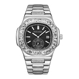PINTIME Men's Watches Stainless Steel Strap Fashion Quartz Wristwatch Waterproof 30M Shiny Zircon Case Business Male Clock Reloj