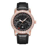 PINTIME Top Brand Watch Men's Black Leather Strap Starry Sky Dial Moon Pointer Fashion Quartz Wristwatch Casuals Luminous Reloj