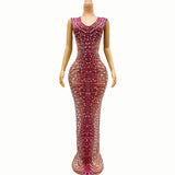 Sleeveless temperament evening sexy deep V pink sparkling diamond design sense dress