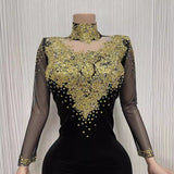 2024 Elegant Female Hostess Singer Stage Long Slim Fit Gold Full Diamond Luxury Crowd Dress