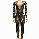 2024 autumn new contrasting color patchwork mesh perspective small V-neck zipper slim fit long sleeved diamond inlaid jumpsuit