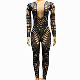 2024 autumn new contrasting color patchwork mesh perspective small V-neck zipper slim fit long sleeved diamond inlaid jumpsuit