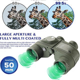 Marine Military 10x50 Waterproof Binoculars with Rangefinder Compass BAK4 Prism FMC Lens for Birdwatching Hunting Boating
