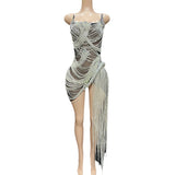 2024 Black Fashion Sexy Slim Fit Bag Hip Mini Short Silver Tassel Dance Stage Performance Dress