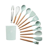 12PCS Silicone Kitchenware Non-Stick Cookware Kitchen Utensils Spatula Shovel Egg Beaters Wooden Handle Cooking Tool Set