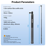 Portable Selfie Stick Carbon Fiber Stand Bracket 32-120cm 1/4"&Sports Camera Mount for GoPro Hero 12/11/10 Insta360 X3/X2