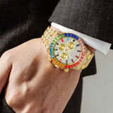 PINTIME Men's Watches Large Face Round Crystal Dial Fashion Business Luxury Full Iced Out Diamond Wristwatch Relogios Masculino